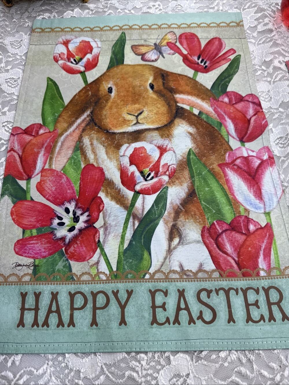 Easter Bunny Spring 12.5" X 18" Garden Flag Rain Shine Flip Dual Flowers